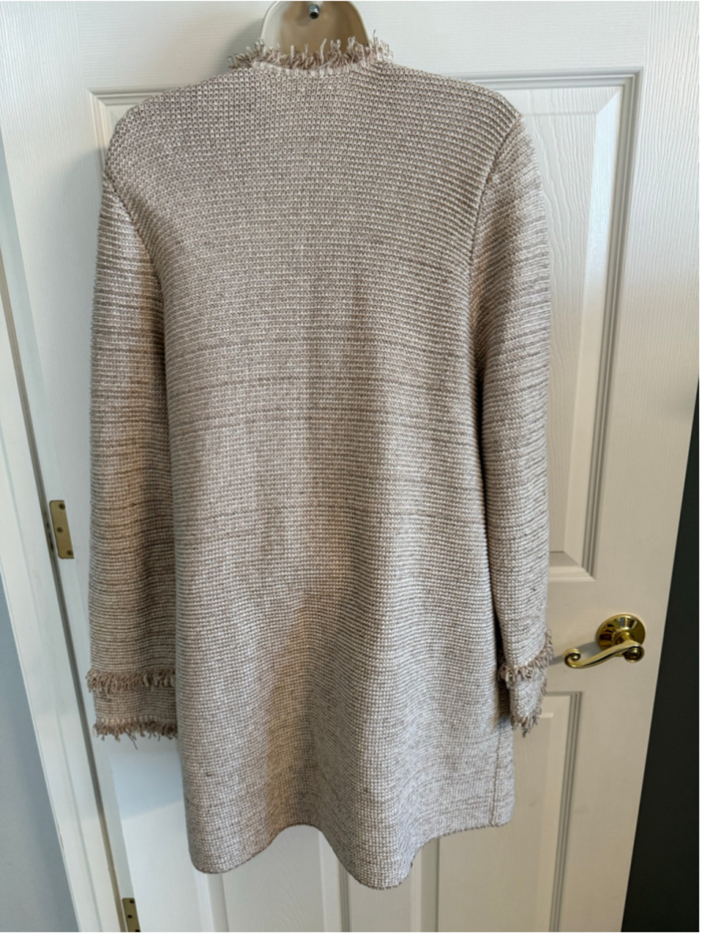 Chico's Fringe Tweed Open Front Longline Cardigan Beige Gold Metallic 3 / XL - Picture 2 of 7